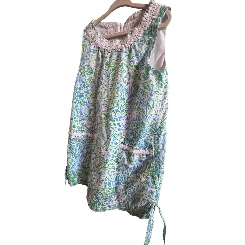 Lily Pulitzer Girl's Sz 7 Shift Dress Blue Green Shift Lace Trim NecklinePockets